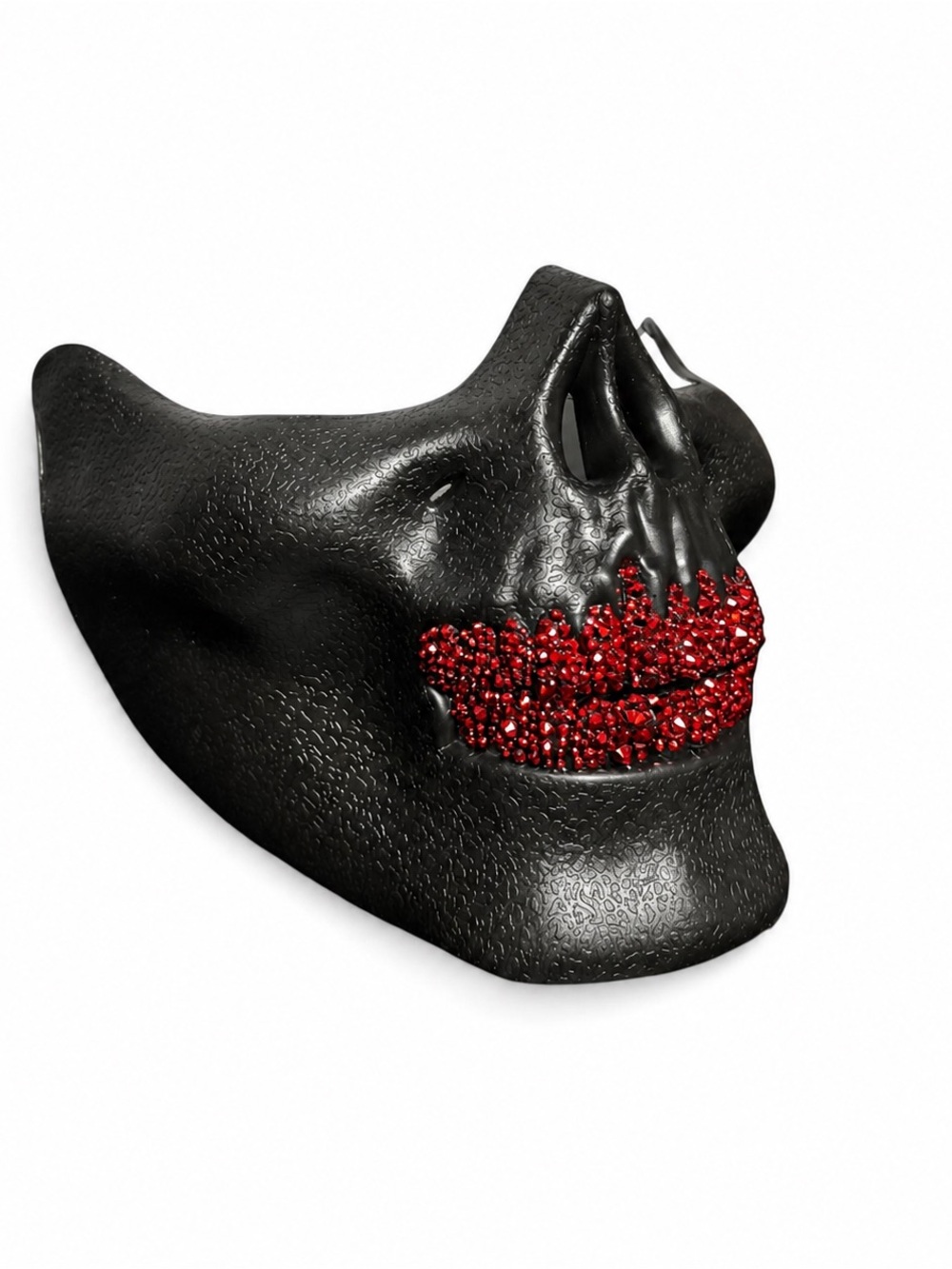 Black Half Skull Mask With Blinged Out Red Crystal Grillz EDC Rave Costume New